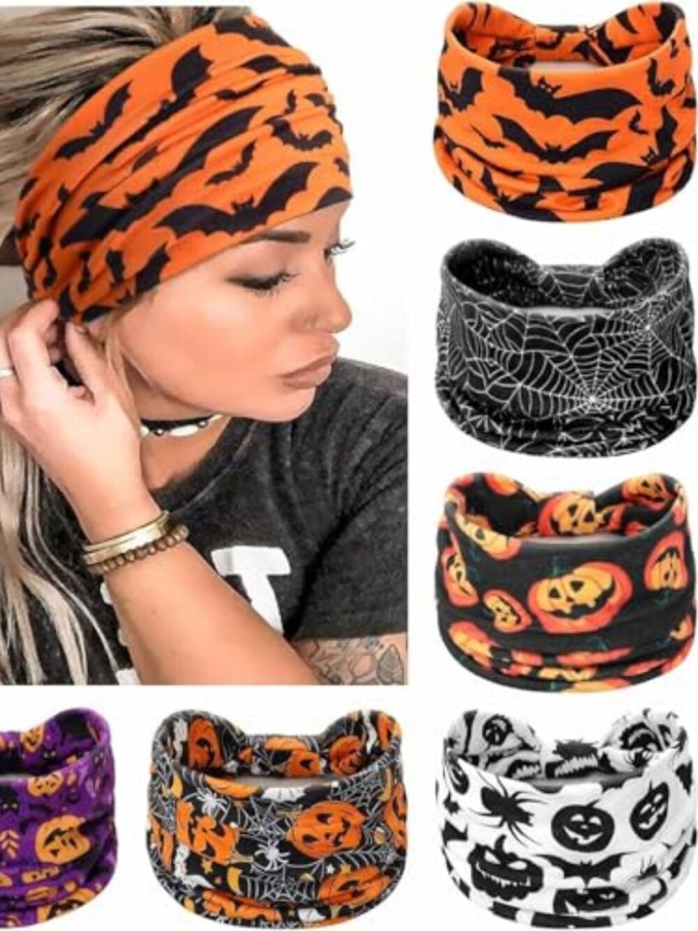Halloween Headbands for Women & Girls - Wide Knotted Head Bands Pumpkin Bat